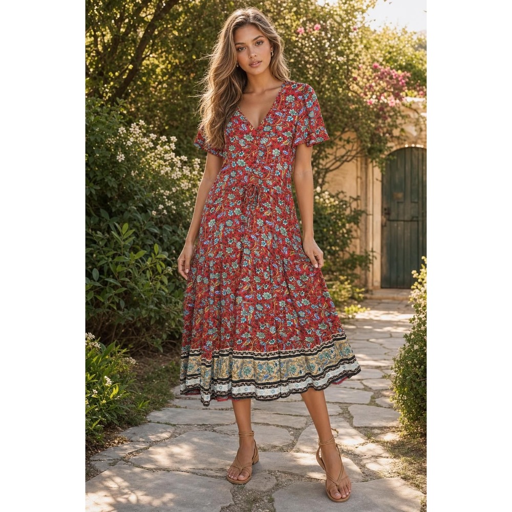 Temofon Dress Women's M Red Floral Cottagecore Boho Prairie Tiered Midi